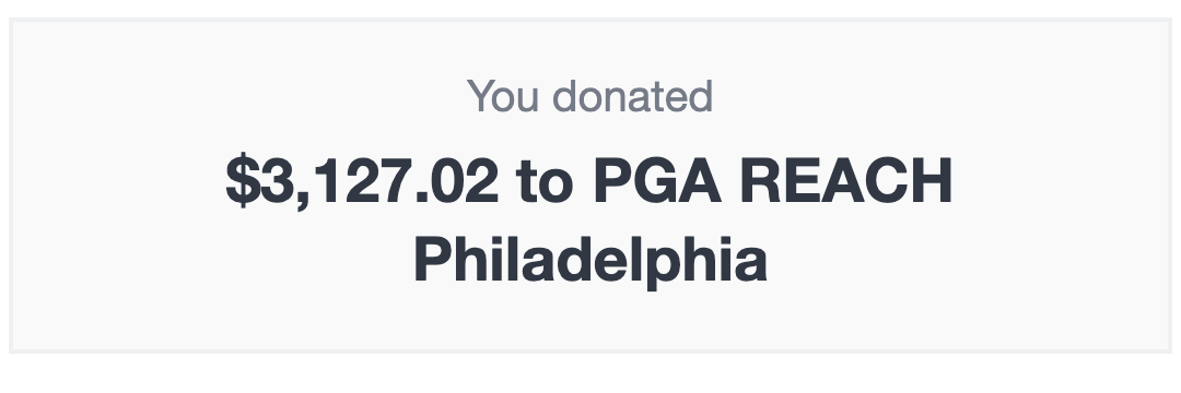 PGA REACH Philadelphia donation receipt showing $3,127.02 donated on June 26, 2026