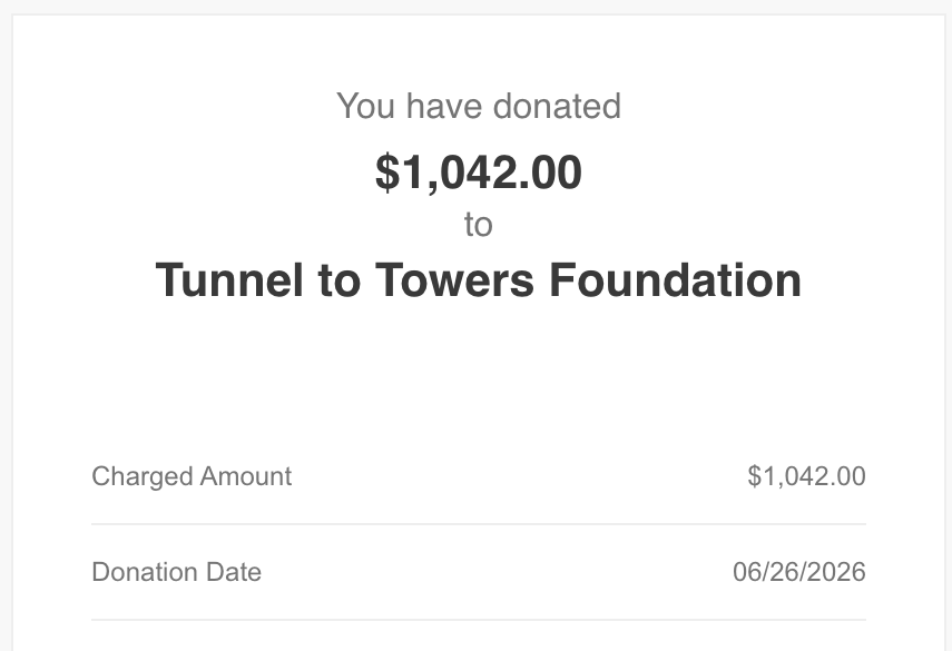 Tunnel to Towers donation receipt showing $1,042.00 donated on June 26, 2026